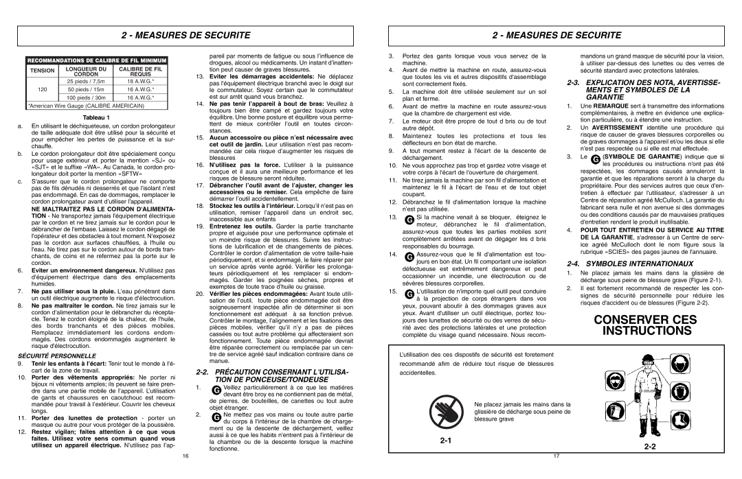 McCulloch MCS2001 user manual Conserver CES Instructions, Symboles Internationaux 