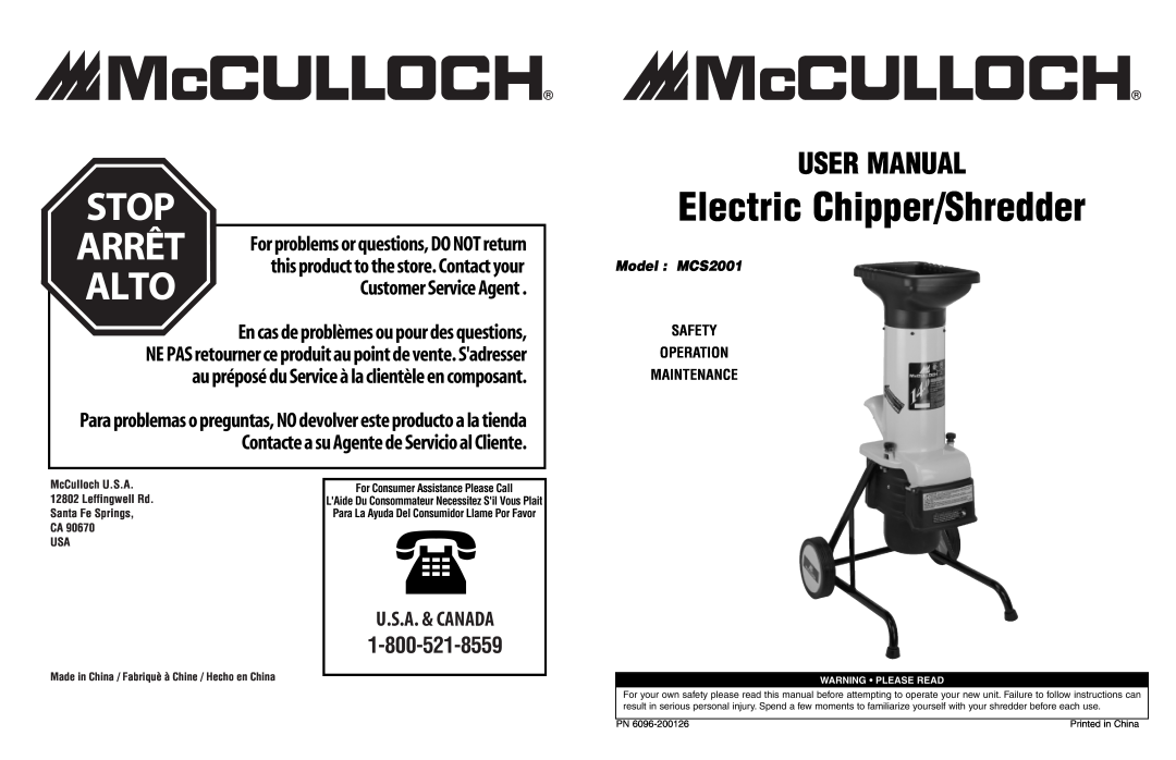 McCulloch user manual Electric Chipper/Shredder, Model MCS2001, Safety Operation Maintenance, Warning Please Read, Alto 