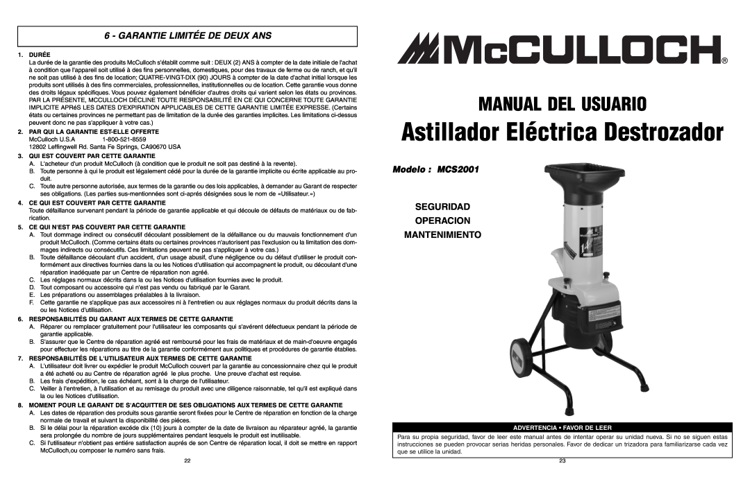 McCulloch Manual Del Usuario, Garantie Limitée De Deux Ans, Modelo MCS2001, Seguridad Operacion Mantenimiento 