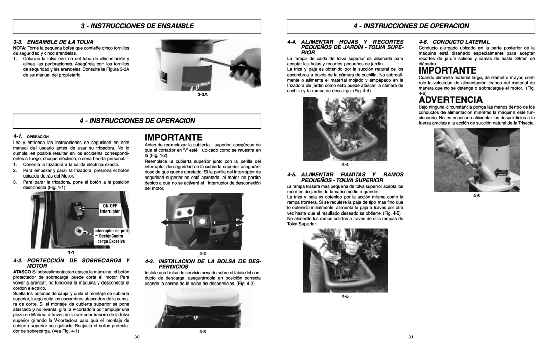 McCulloch MCS2001 user manual Importante, Instrucciones De Operacion, Ensamble De La Tolva, Conducto Lateral, Advertencia 