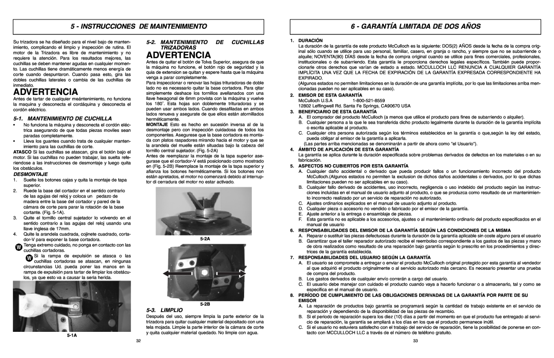 McCulloch MCS2001 Instrucciones De Maintenimiento, Garantía Limitada De Dos Años, Mantenimiento De Cuchilla, Limplio 