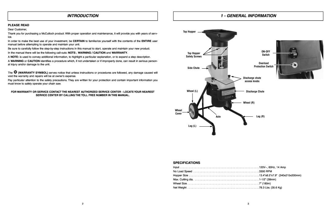 McCulloch MCS2001 user manual Introduction, General Information, Specifications, Please Read 