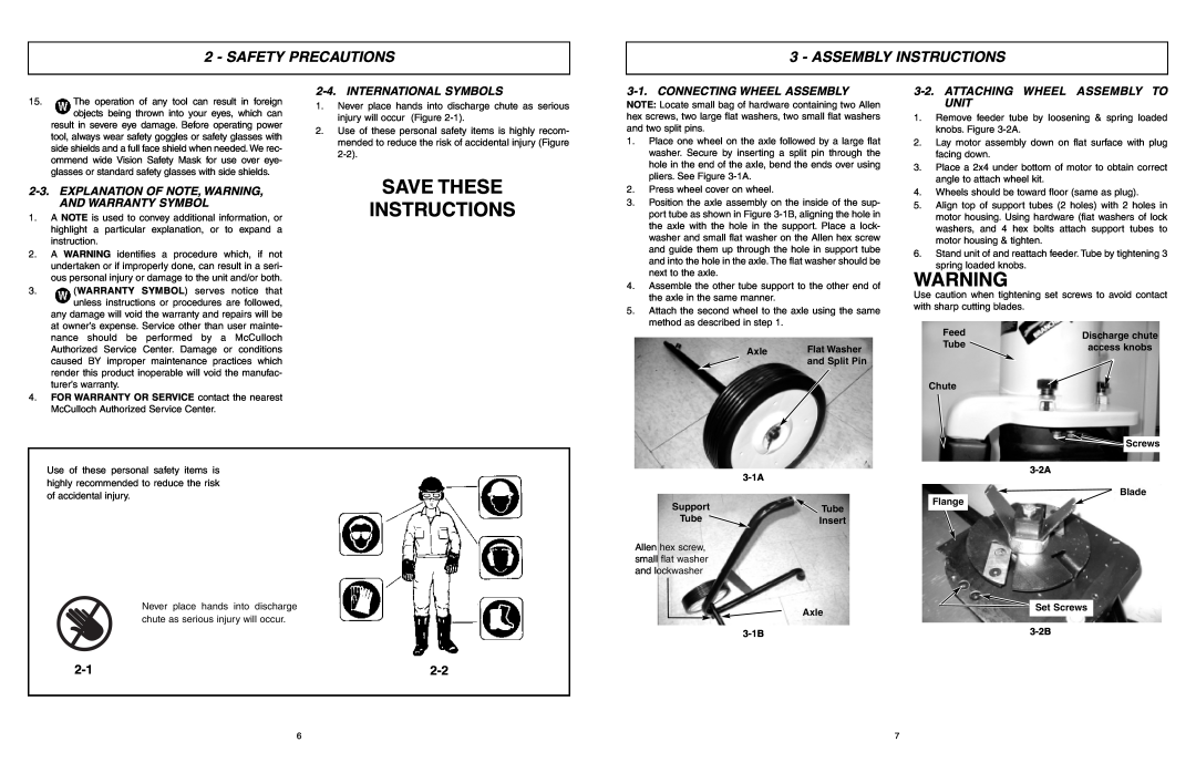 McCulloch MCS2001 Save These Instructions, Assembly Instructions, International Symbols, Connecting Wheel Assembly 