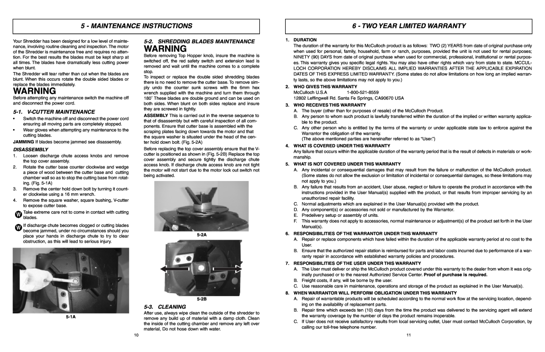 McCulloch MCS2001 Maintenance Instructions, Two Year Limited Warranty, V-Cutter Maintenance, Shredding Blades Maintenance 