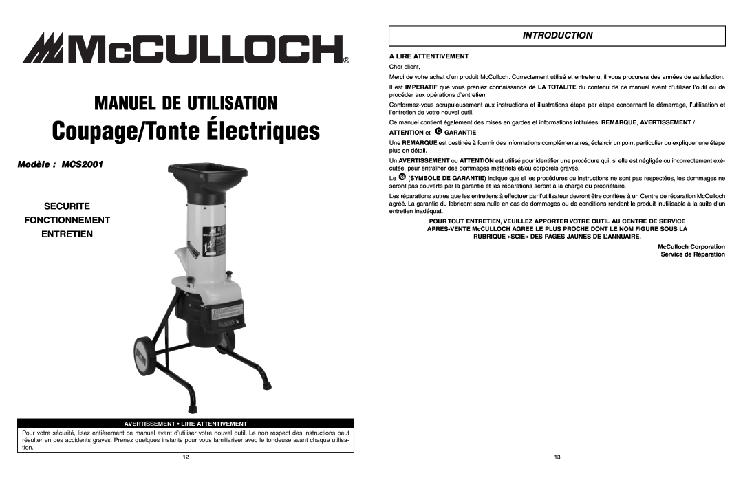 McCulloch Coupage/Tonte Électriques, Manuel De Utilisation, Modèle MCS2001, Securite Fonctionnement Entretien 