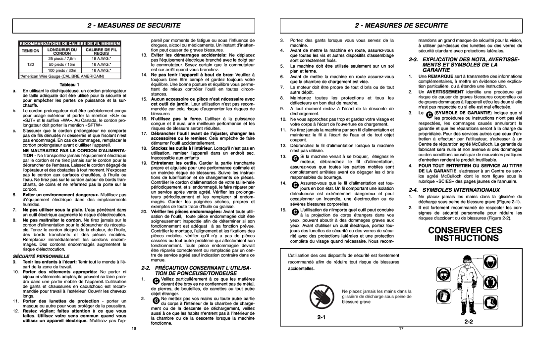 McCulloch MCS2001 Conserver Ces Instructions, 2-1, Symboles Internationaux, Sécurité Personnelle, Measures De Securite 