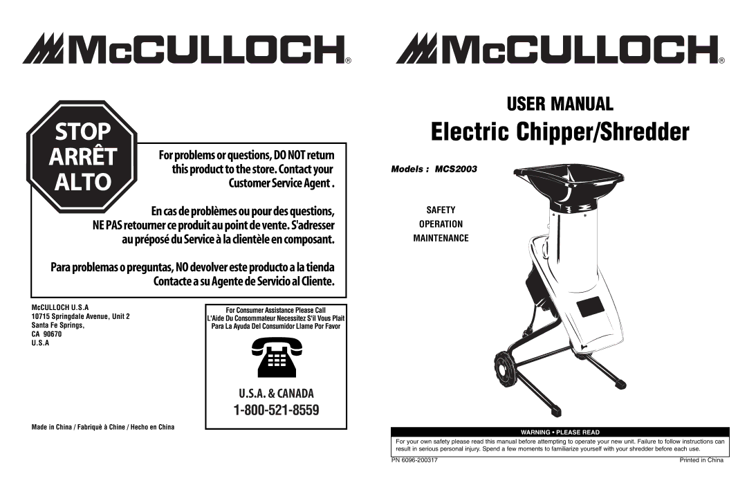 McCulloch 6096-200317, MCS2003, 966994701 user manual Electric Chipper/Shredder 