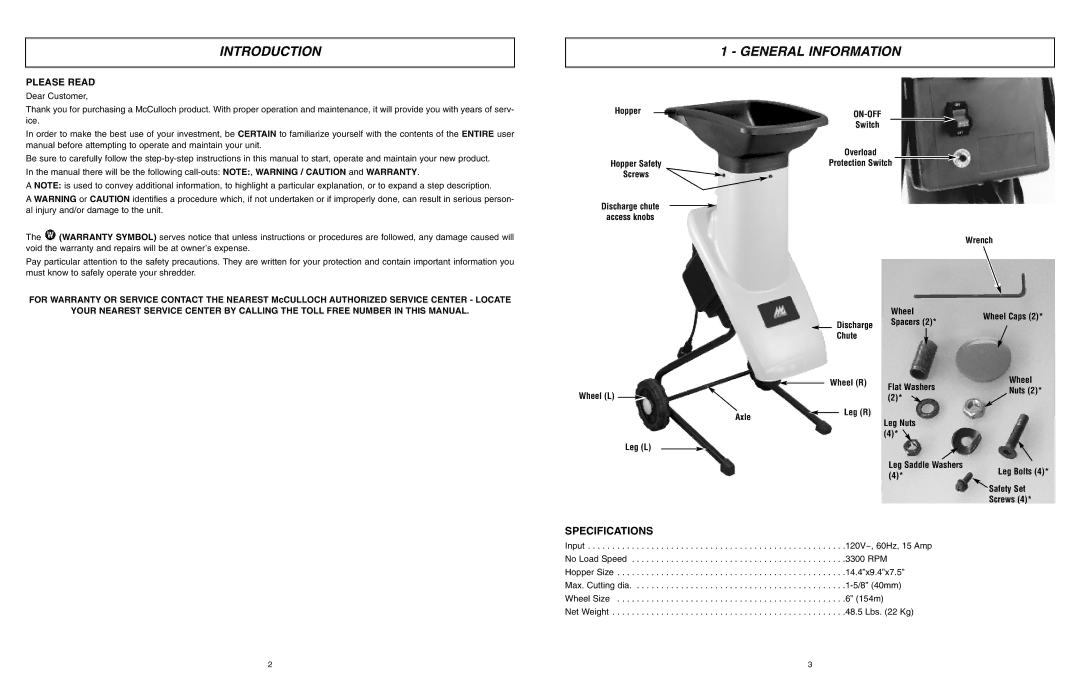 McCulloch 966994701, MCS2003, 6096-200317 user manual Introduction, General Information 