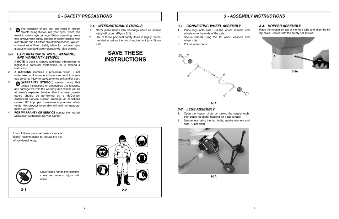 McCulloch 6096-200317, MCS2003, 966994701 Save These Instructions, Safety Precautions Assembly Instructions, Legs Assembly 