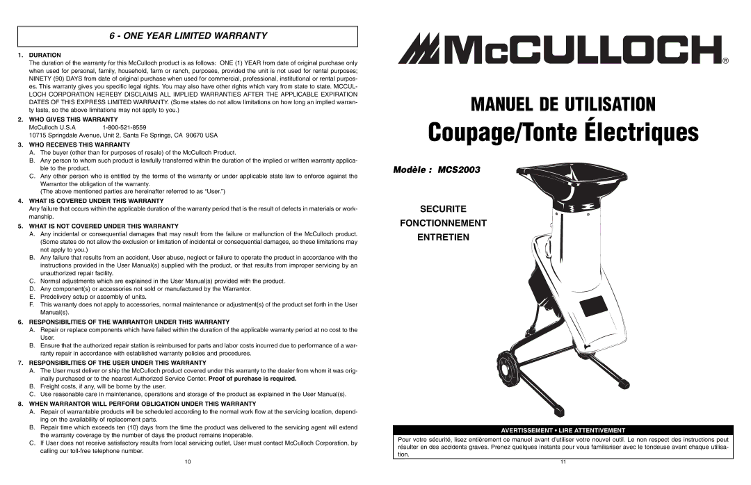 McCulloch MCS2003, 6096-200317, 966994701 user manual ONE Year Limited Warranty 