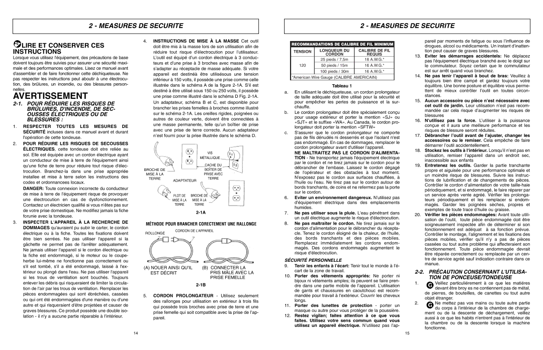 McCulloch 966994701, MCS2003 Avertissement, Measures DE Securite, Précaution Consernant Lutilisa Tion DE PONCEUSE/TONDEUSE 