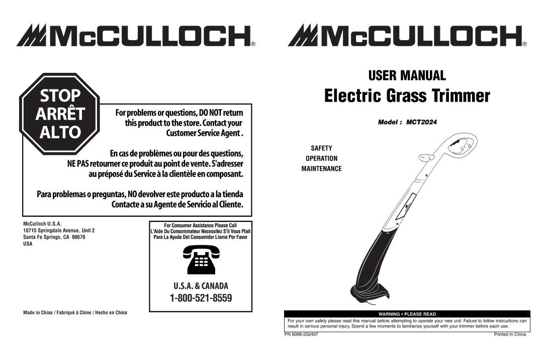 McCulloch MCT2024 user manual Alto, Usa 