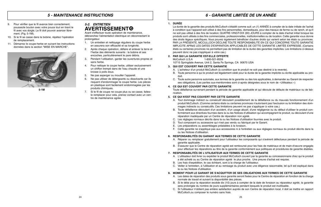 McCulloch MCT2024 user manual Maintenance Instructions Garantie Limitée DE UN Année, Entretien 