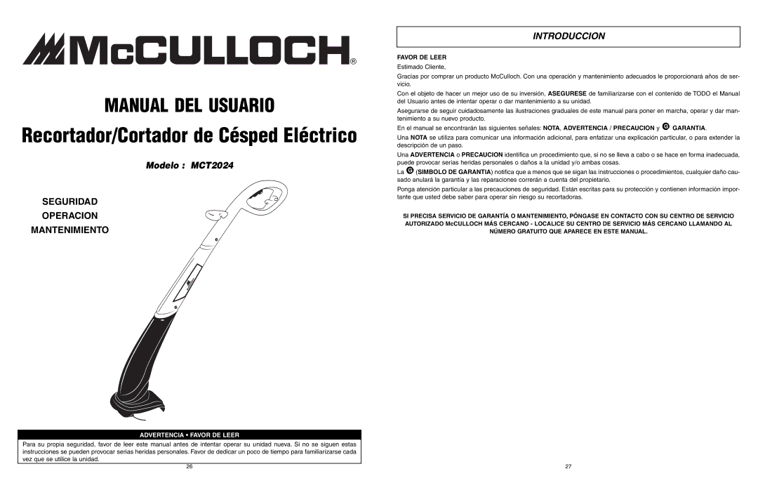 McCulloch MCT2024 user manual Introduccion, Favor DE Leer 