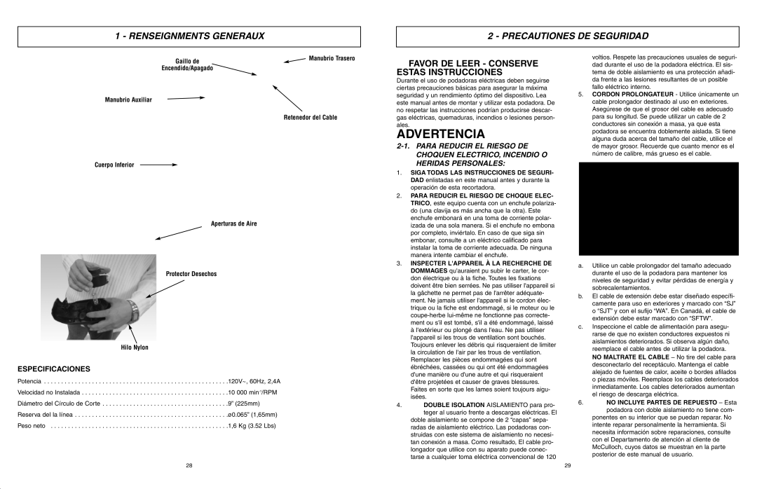 McCulloch MCT2024 user manual Advertencia, Renseignments Generaux Precautiones DE Seguridad, Especificaciones 