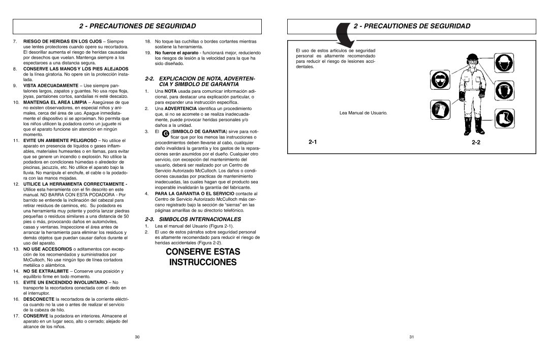 McCulloch MCT2024 user manual Conserve Estas Instrucciones, Explicacion DE NOTA, Adverten CIA Y Simbolo DE Garantia 