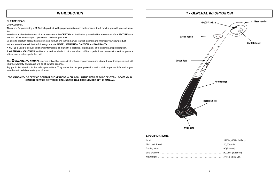 McCulloch MCT2024 user manual Introduction, General Information, Specifications 