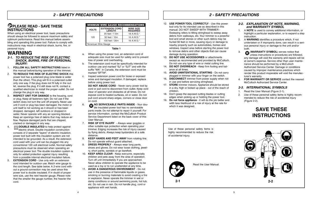 McCulloch MCT2024 user manual Save These Instructions, Safety Precautions, International Symbols 