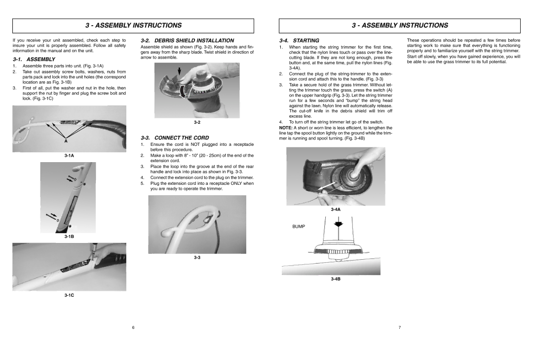 McCulloch MCT2024 user manual Assembly Instructions, Debris Shield Installation, Connect the Cord, Starting 