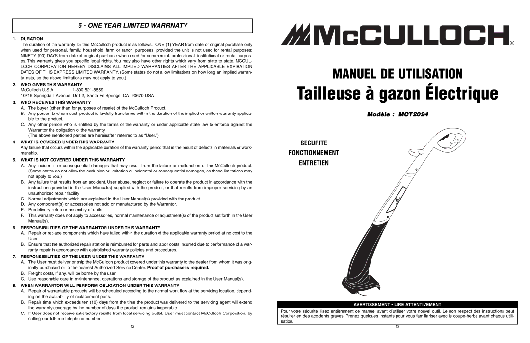 McCulloch MCT2024 user manual ONE Year Limited Warrnaty 