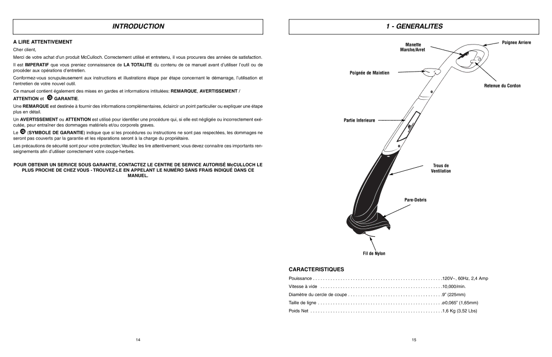 McCulloch MCT2024 user manual Generalites, Caracteristiques 