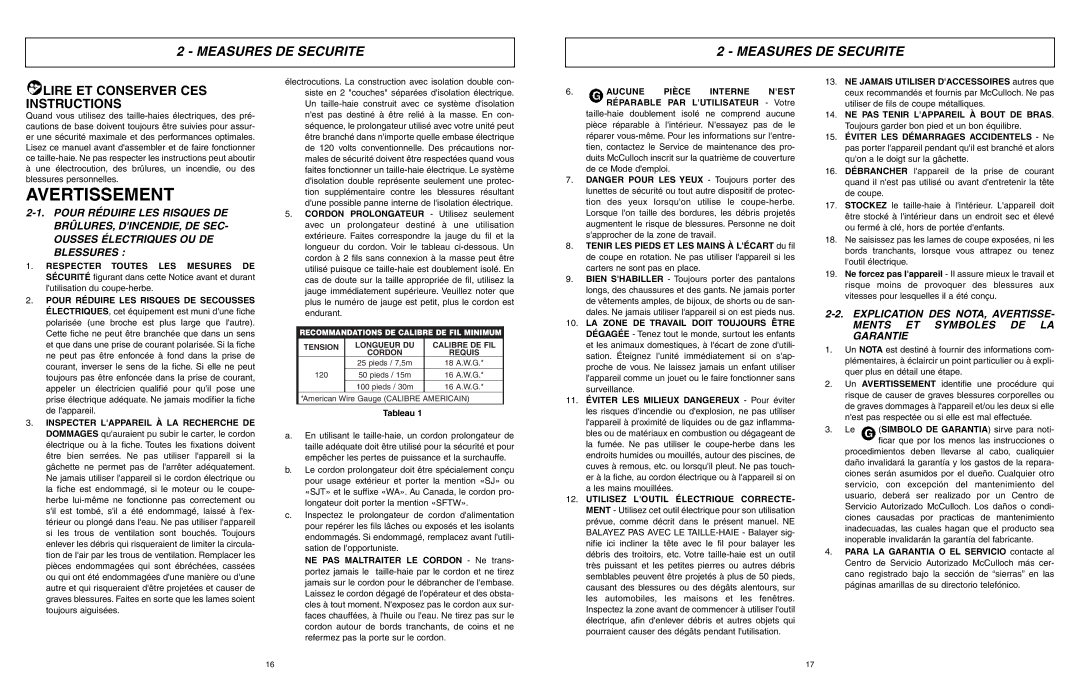 McCulloch MCT2024 user manual Avertissement, Measures DE Securite, Aucune Pièce Interne Nest 