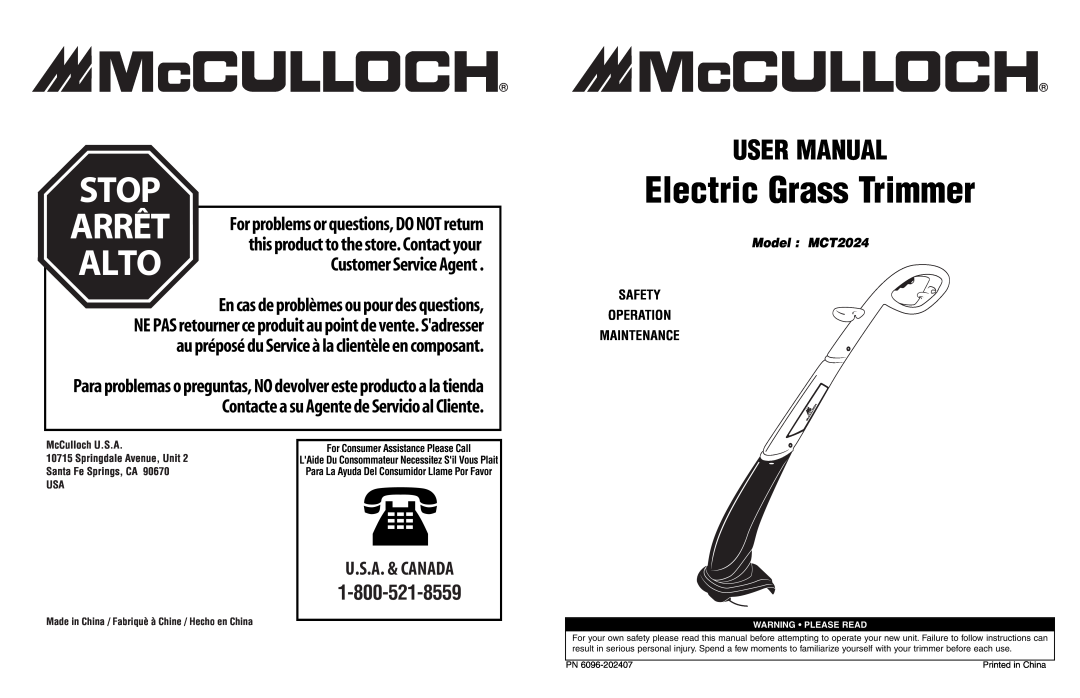 McCulloch user manual Electric Grass Trimmer, Model MCT2024, Safety Operation Maintenance, Santa Fe Springs, CA USA 