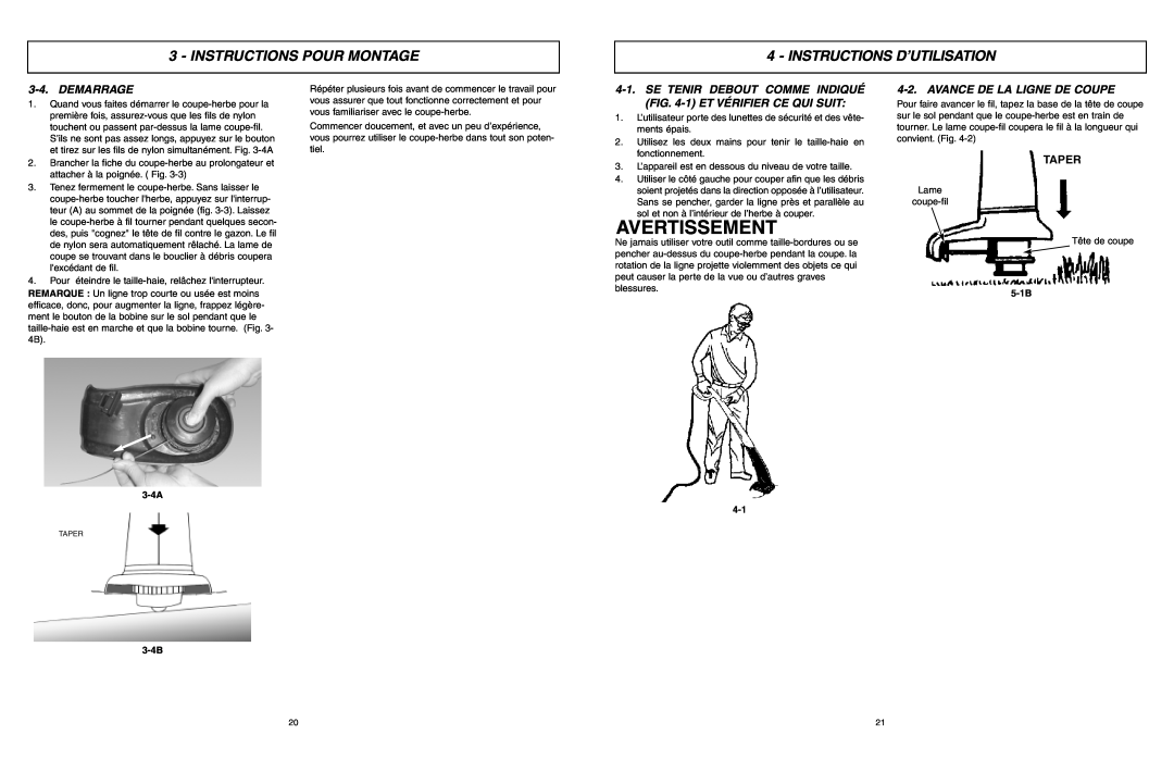 McCulloch MCT2024 user manual Instructions D’Utilisation, Demarrage, Avance De La Ligne De Coupe, Taper, Avertissement 