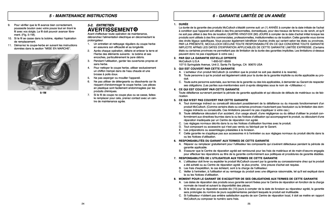 McCulloch MCT2024 user manual Garantie Limitée De Un Année, Entretien, Avertissement, Maintenance Instructions 