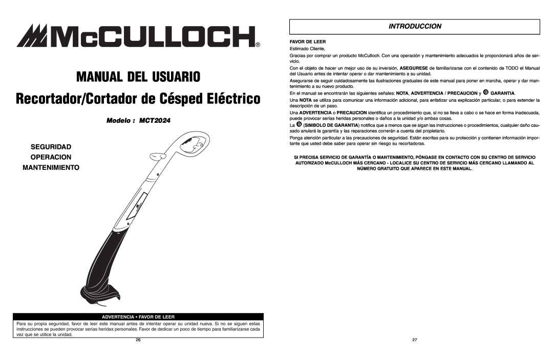 McCulloch user manual Manual Del Usuario, Modelo MCT2024, Seguridad Operacion Mantenimiento, Introduccion 