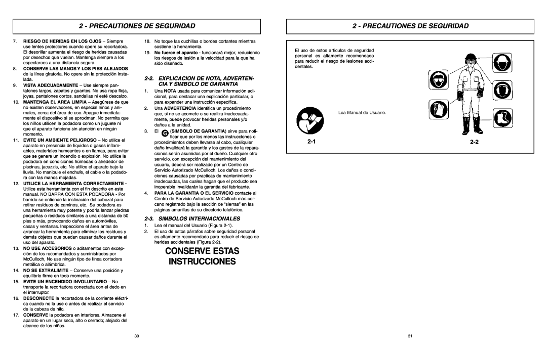 McCulloch MCT2024 user manual Conserve Estas Instrucciones, Explicacion De Nota, Adverten, Cia Y Simbolo De Garantia 