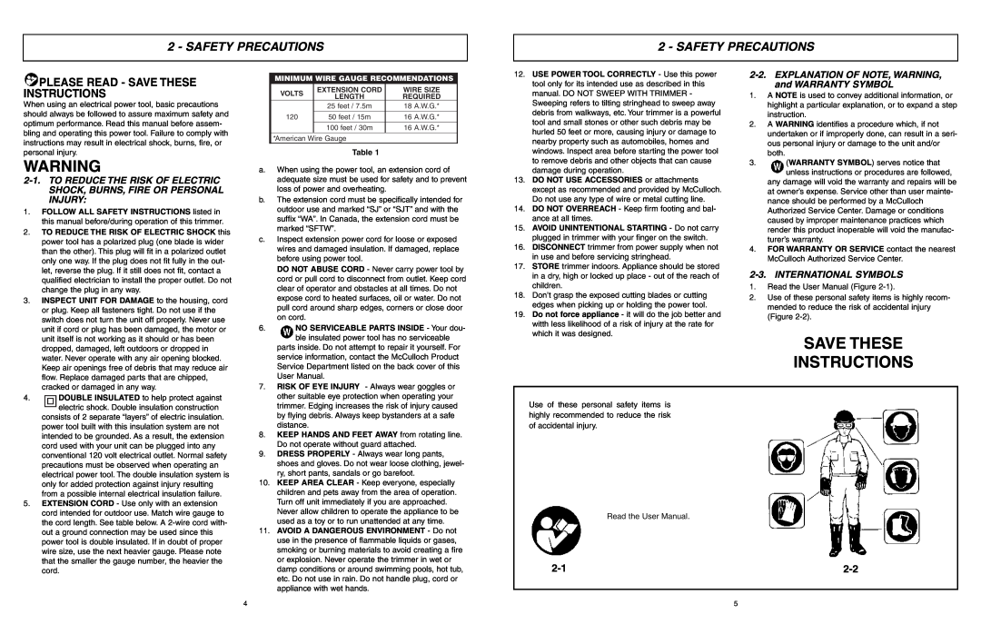 McCulloch MCT2024 user manual Safety Precautions, Please Read - Save These Instructions, International Symbols 