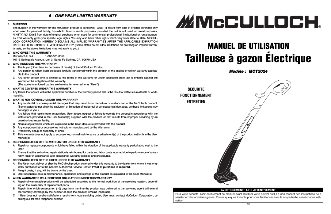 McCulloch user manual Tailleuse à gazon Électrique, Manuel De Utilisation, One Year Limited Warrnaty, Modèle MCT2024 