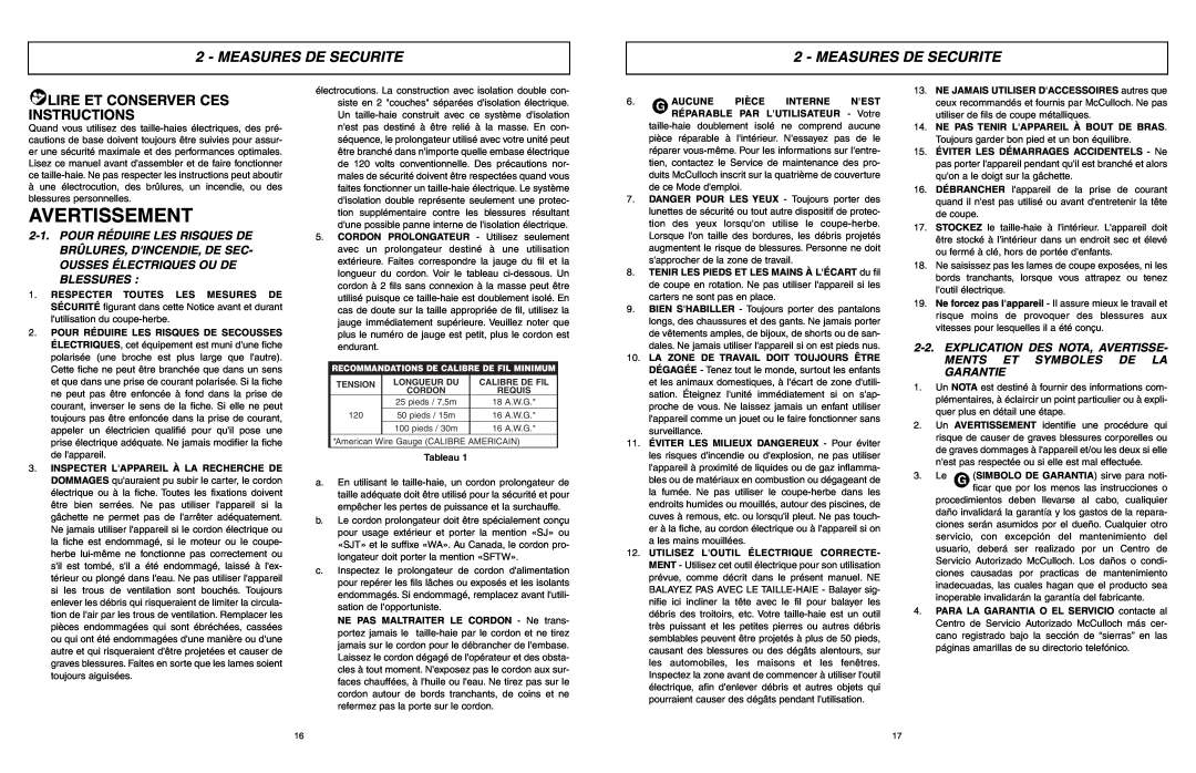 McCulloch MCT2024 user manual Avertissement, Measures De Securite, Lire Et Conserver Ces Instructions 