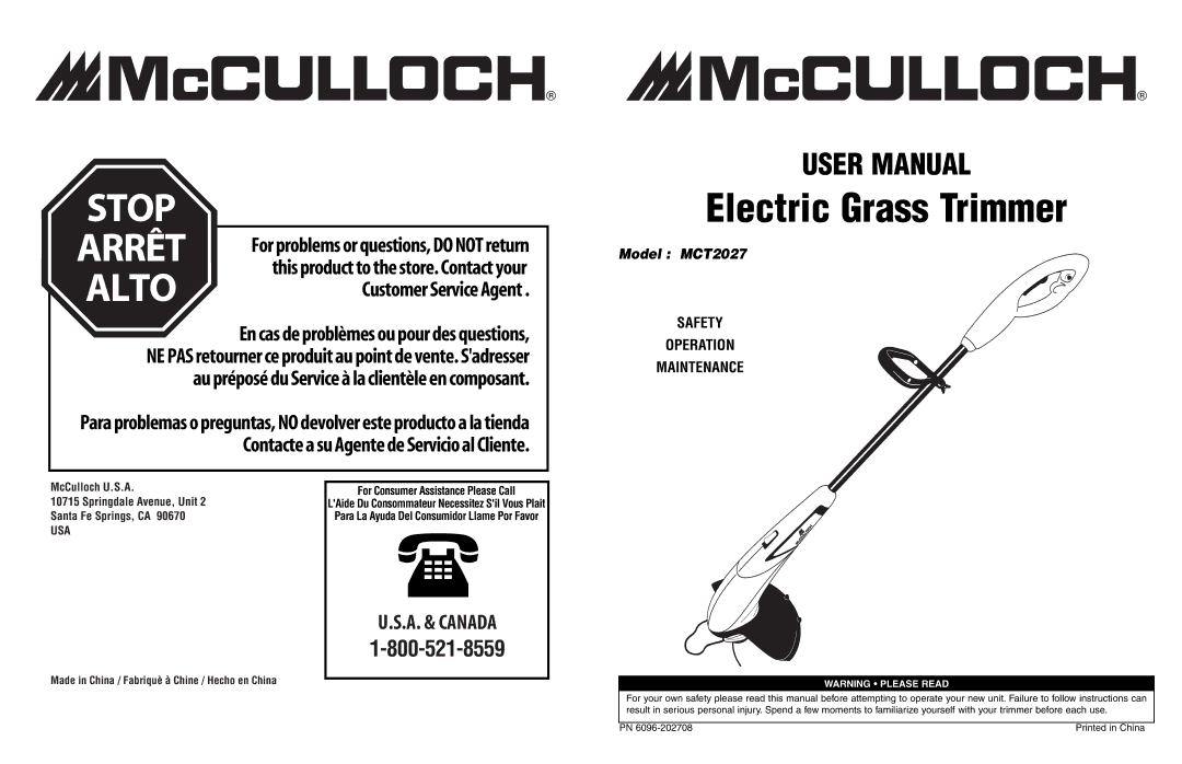 McCulloch MCT2027 user manual Alto, Usa 