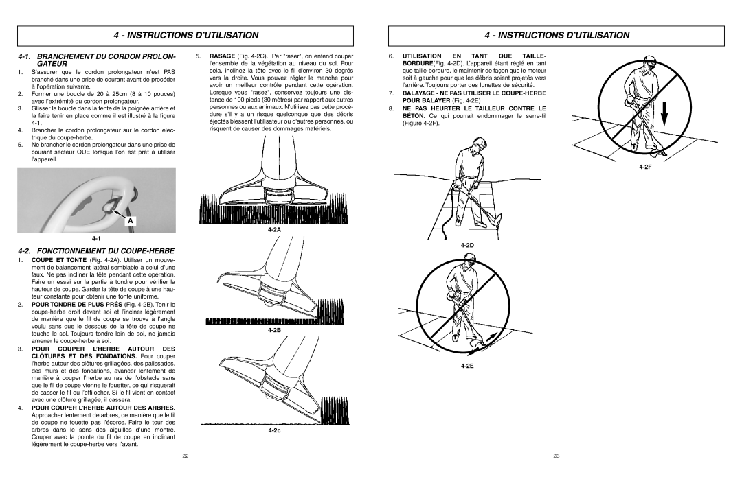 McCulloch MCT2027 Instructions D’UTILISATION, Branchement DU Cordon PROLON- Gateur, Fonctionnement DU COUPE-HERBE 