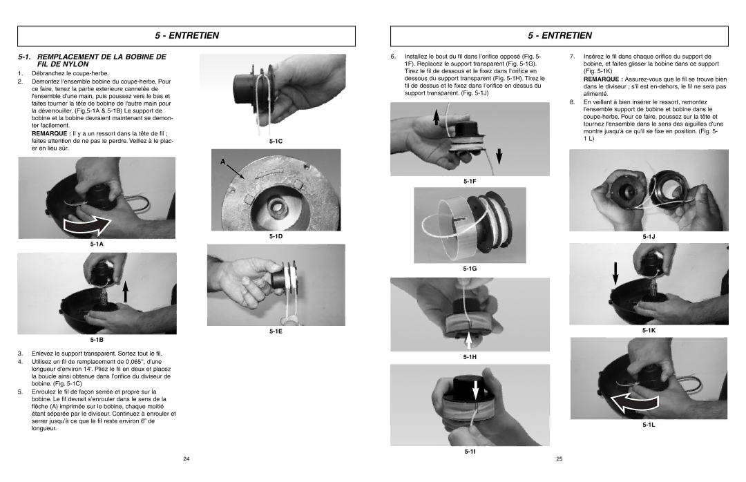 McCulloch MCT2027 user manual Entretien, Remplacement DE LA Bobine DE FIL DE Nylon 