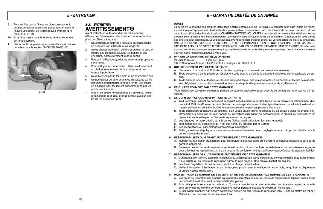 McCulloch MCT2027 user manual Entretien Garantie Limitée DE UN Année 