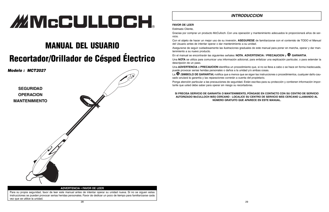 McCulloch MCT2027 user manual Introduccion, Favor DE Leer 