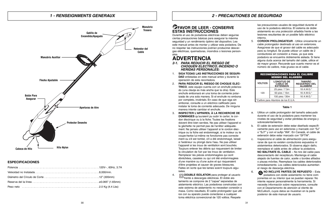 McCulloch MCT2027 user manual Advertencia, Renseignments Generaux Precautiones DE Seguridad, Especificaciones, Tabla 