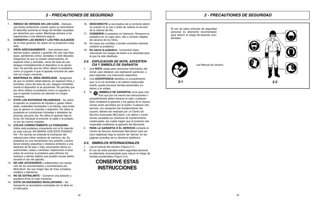 McCulloch MCT2027 user manual Conserve Estas Instrucciones, Explicacion DE NOTA, Adverten CIA Y Simbolo DE Garantia 