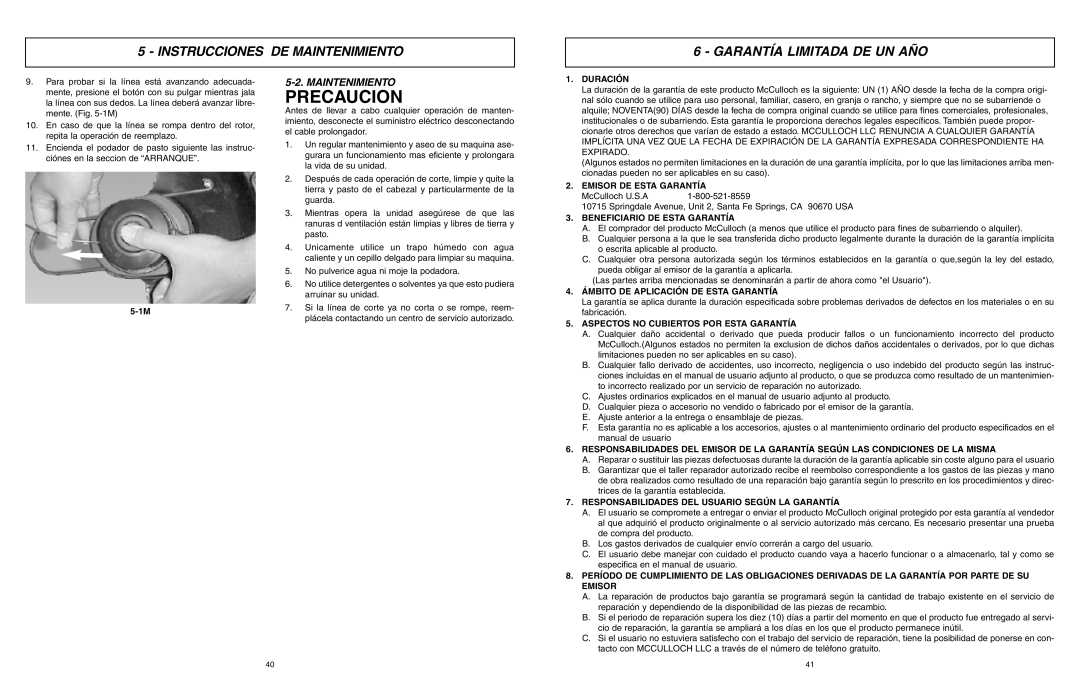 McCulloch MCT2027 user manual Precaucion, Instrucciones DE Maintenimiento Garantía Limitada DE UN AÑO 