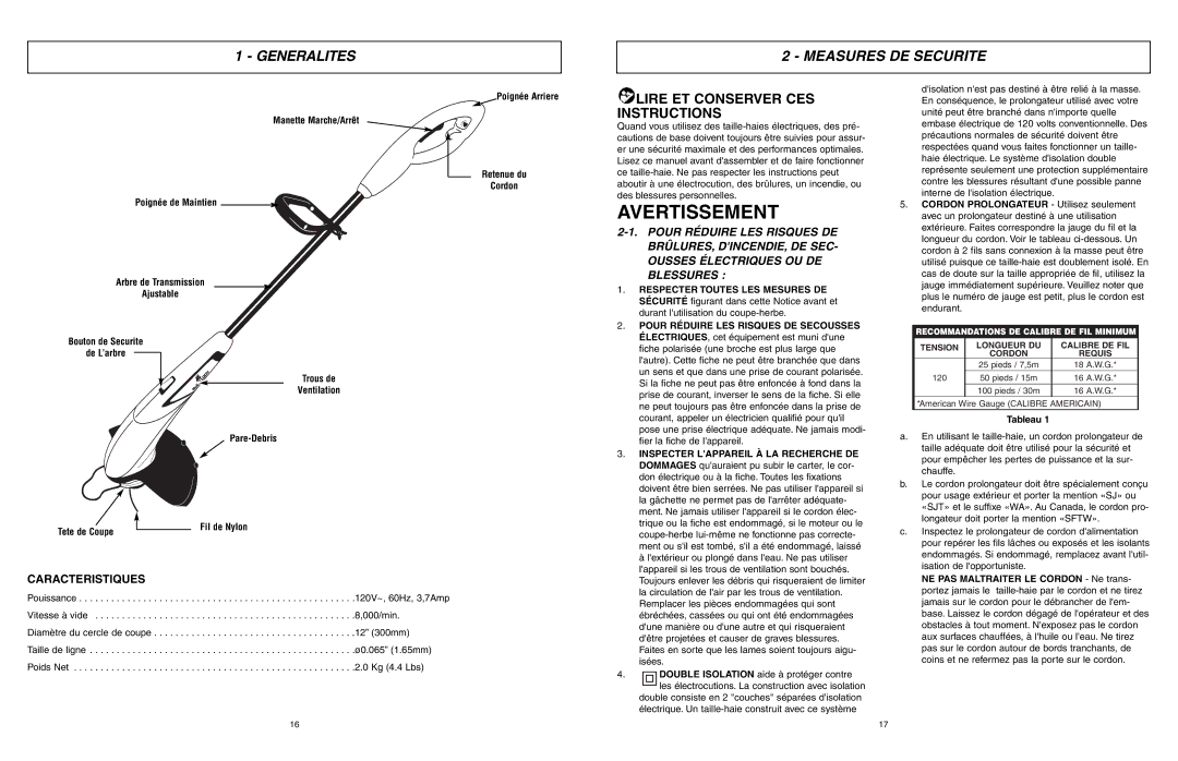 McCulloch MCT2027 user manual Avertissement, Generalites Measures DE Securite, Caracteristiques, Tableau 