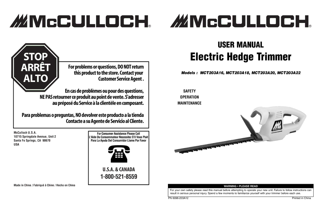 McCulloch MCT203A20, MCT203A22, MCT203A18, MCT203A16 user manual Alto, Usa 