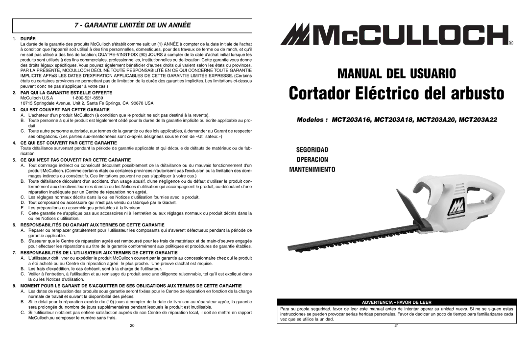 McCulloch MCT203A16, MCT203A22, MCT203A20, MCT203A18 user manual Garantie Limitée DE UN Année 