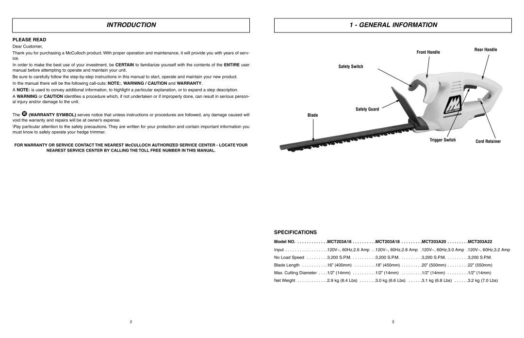 McCulloch MCT203A18, MCT203A22, MCT203A20, MCT203A16 user manual Introduction, General Information, Specifications 