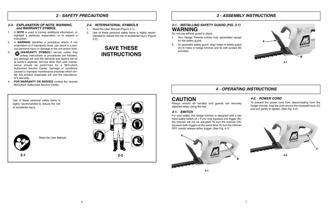 McCulloch MCT203A22, MCT203A20 Save These Instructions, Safety Precautions Assembly Instructions, Operating Instructions 