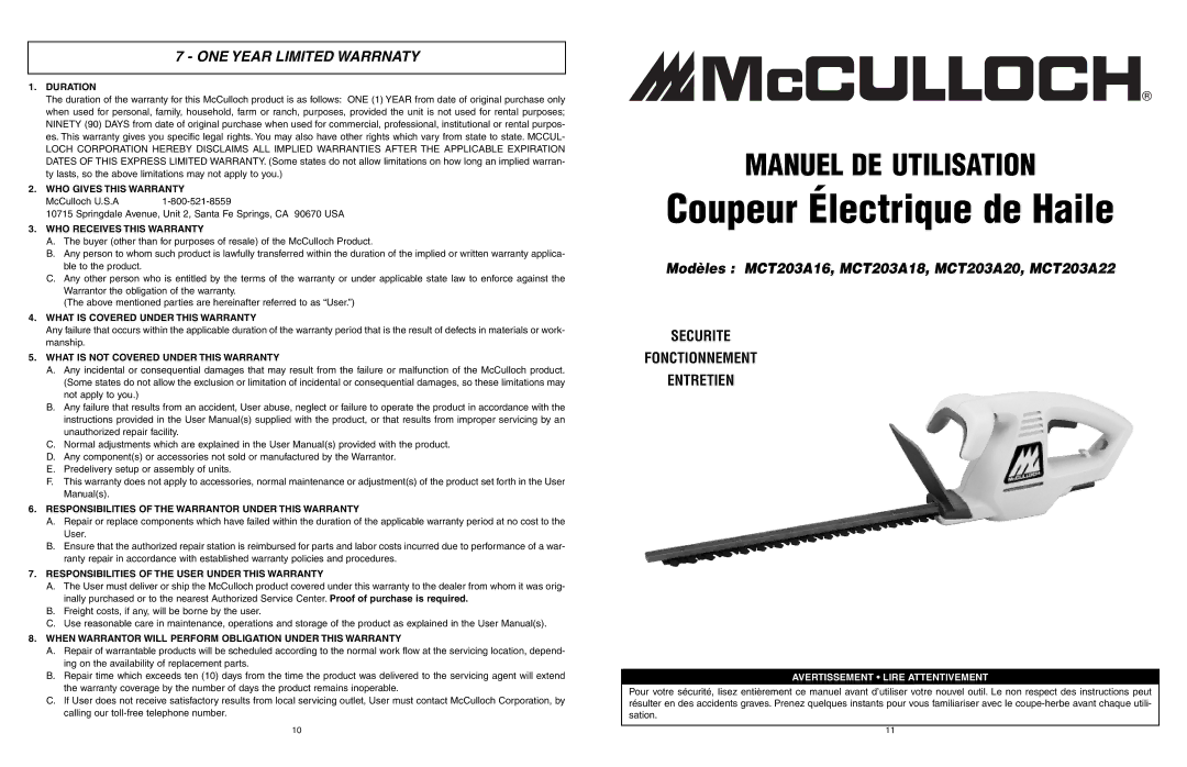 McCulloch MCT203A18, MCT203A22, MCT203A20, MCT203A16 user manual ONE Year Limited Warrnaty 