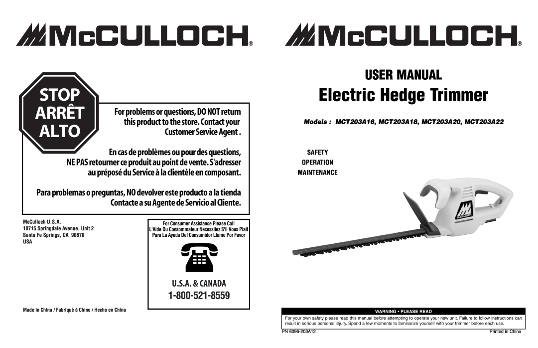 McCulloch user manual Electric Hedge Trimmer, User Manual, Models MCT203A16, MCT203A18, MCT203A20, MCT203A22, Alto 