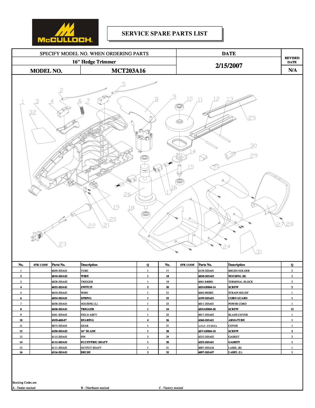 McCulloch MCT203A20 2/15/2007, Service Spare Parts List, MCT203A16, Specify Model No. When Ordering Parts, Date 